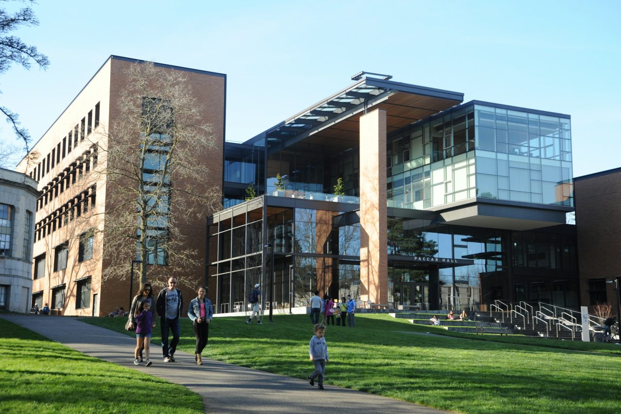 Students walking along a path past a university business school building in daylight.